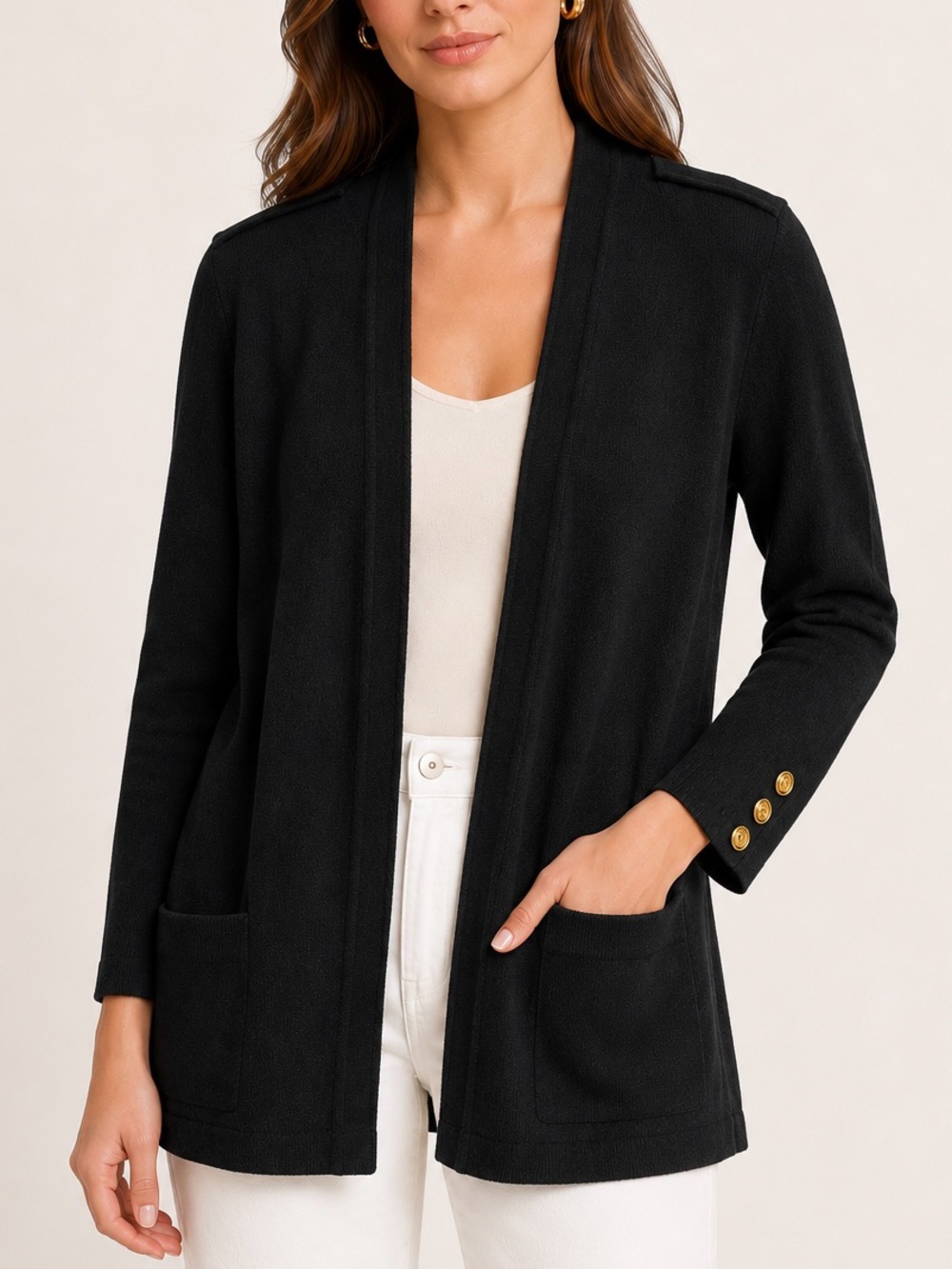 St. John Santana Knit Cardigan Black Size Small Open Front